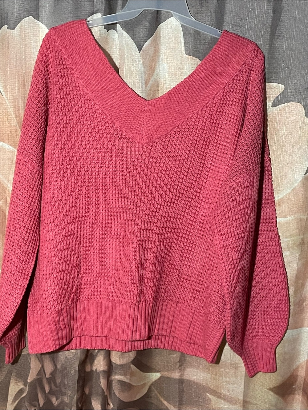 Zenana Outfitters V-Neck Waffle Knit Sweater in Berry